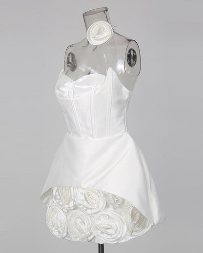 White Satin Rose Appliqué Strapless Mini Dress