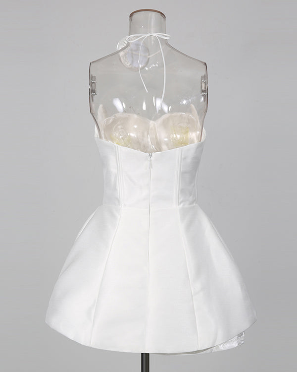 White Satin Rose Appliqué Strapless Mini Dress