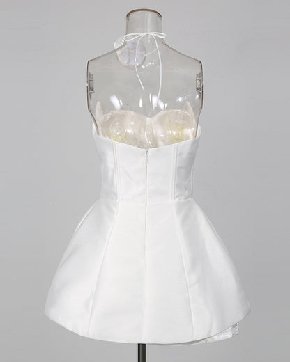 White Satin Rose Appliqué Strapless Mini Dress