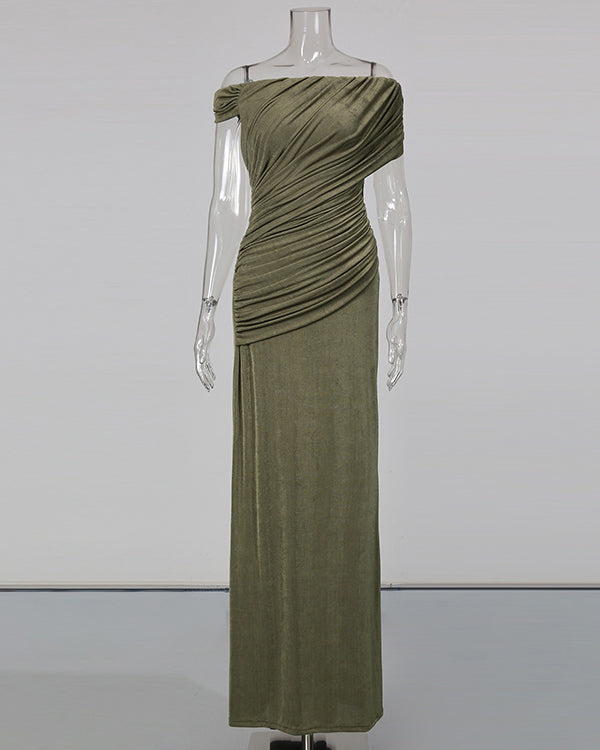 Green Pleated One-Shoulder Mermaid Evening Gown