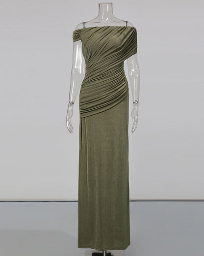 Green Pleated One-Shoulder Mermaid Evening Gown