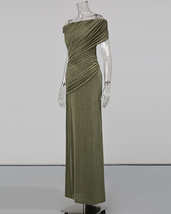 Green Pleated One-Shoulder Mermaid Evening Gown