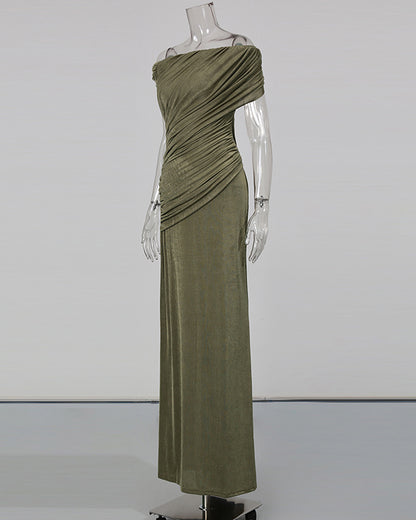 Green Pleated One-Shoulder Mermaid Evening Gown