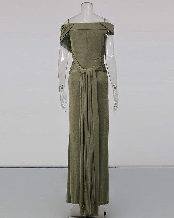 Green Pleated One-Shoulder Mermaid Evening Gown