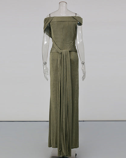 Green Pleated One-Shoulder Mermaid Evening Gown