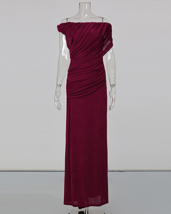 Red Pleated One-Shoulder Mermaid Evening Gown