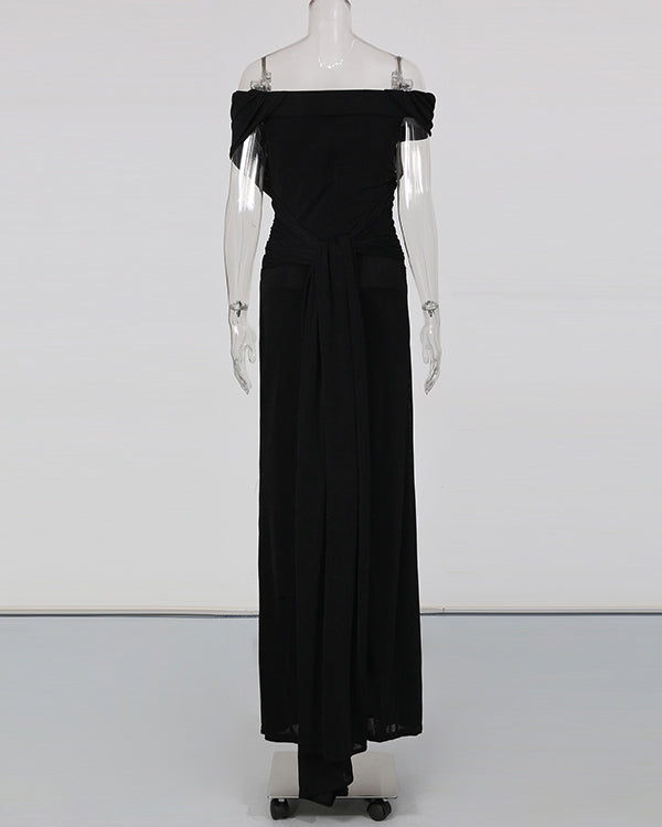 Black Pleated One-Shoulder Mermaid Evening Gown