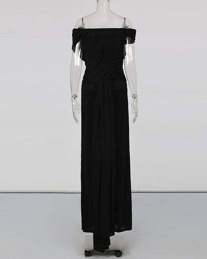 Black Pleated One-Shoulder Mermaid Evening Gown