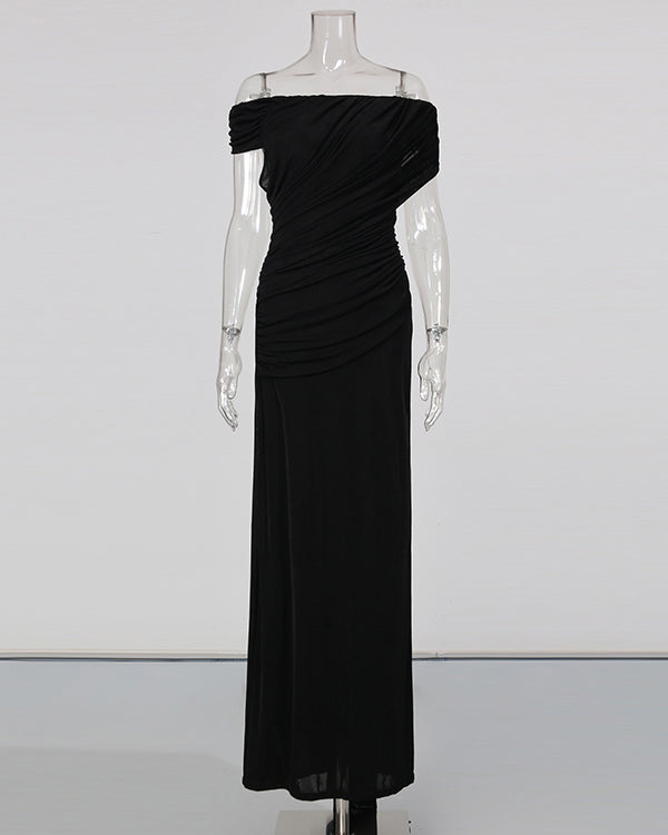 Black Pleated One-Shoulder Mermaid Evening Gown