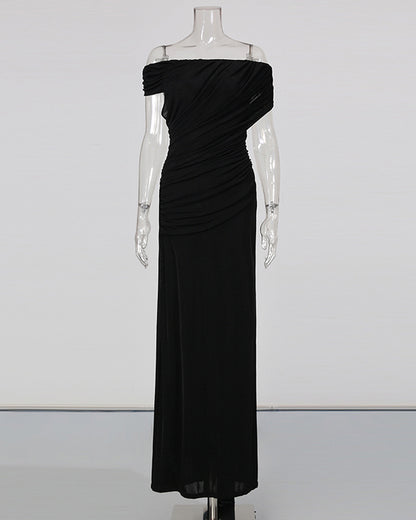 Black Pleated One-Shoulder Mermaid Evening Gown