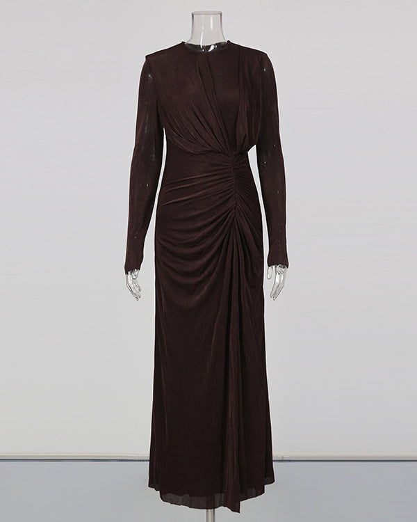 Coffee Ruched Long-Sleeve Maxi Dress