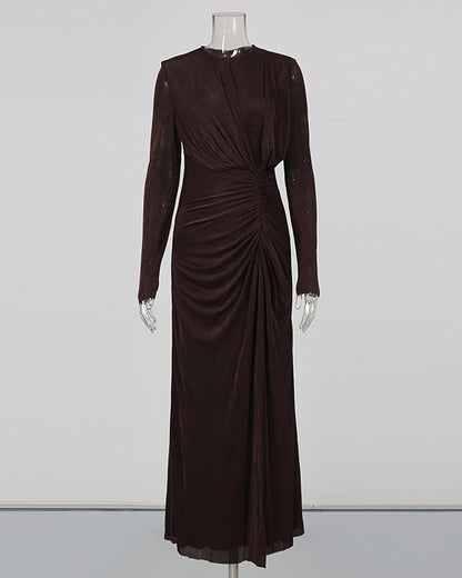 Coffee Ruched Long-Sleeve Maxi Dress