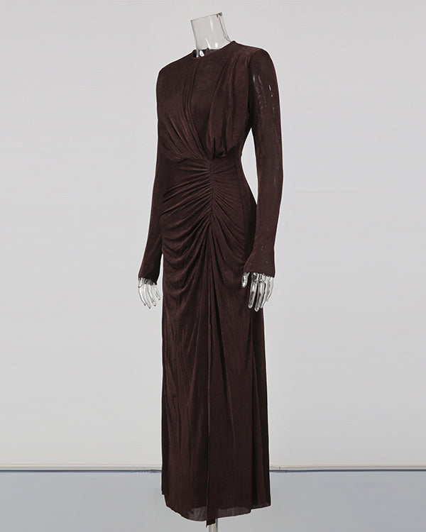 Coffee Ruched Long-Sleeve Maxi Dress