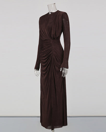 Coffee Ruched Long-Sleeve Maxi Dress