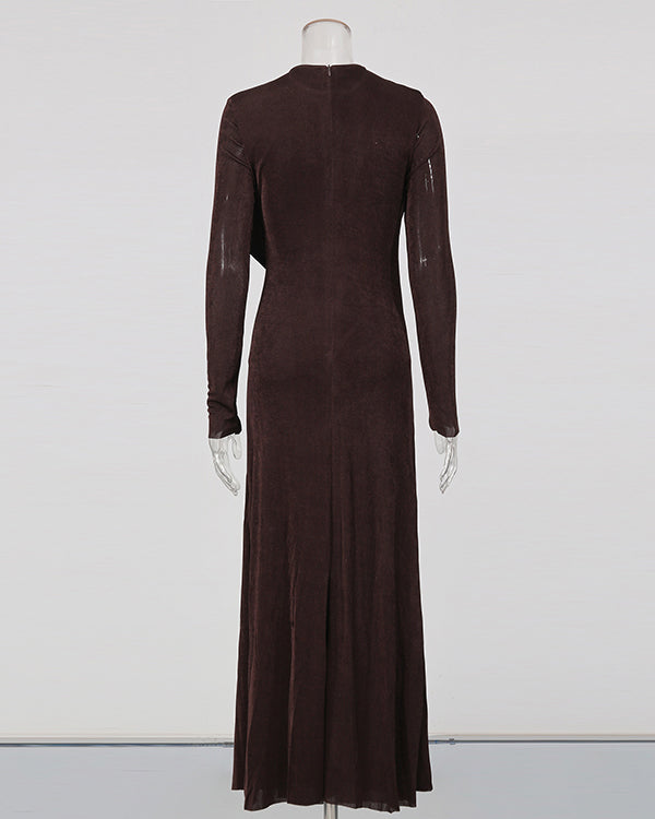 Coffee Ruched Long-Sleeve Maxi Dress
