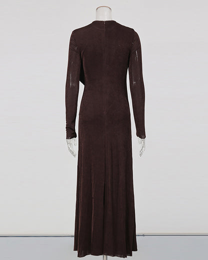 Coffee Ruched Long-Sleeve Maxi Dress