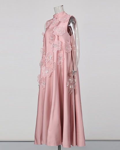 Pink Sleeveless Midi Dress with Floral Lace & Pearl