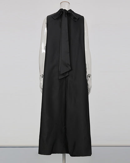 Black Sleeveless Midi Dress with Floral Lace & Pearl