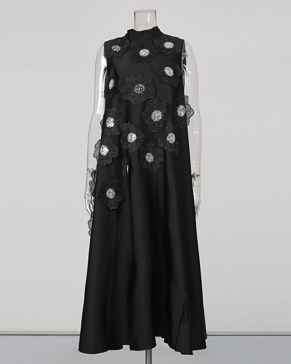 Black Sleeveless Midi Dress with Floral Lace & Pearl