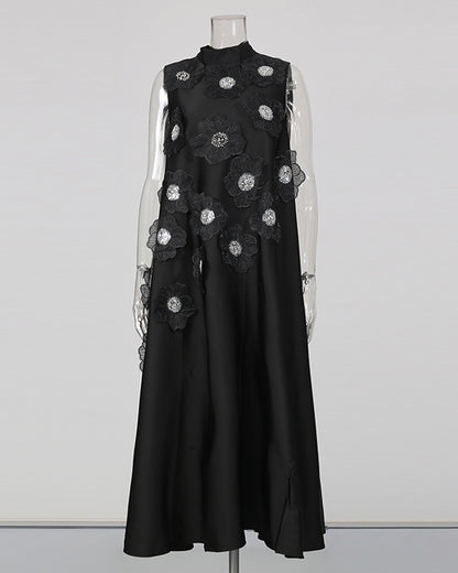 Black Sleeveless Midi Dress with Floral Lace & Pearl