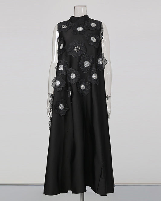 Black Sleeveless Midi Dress with Floral Lace & Pearl