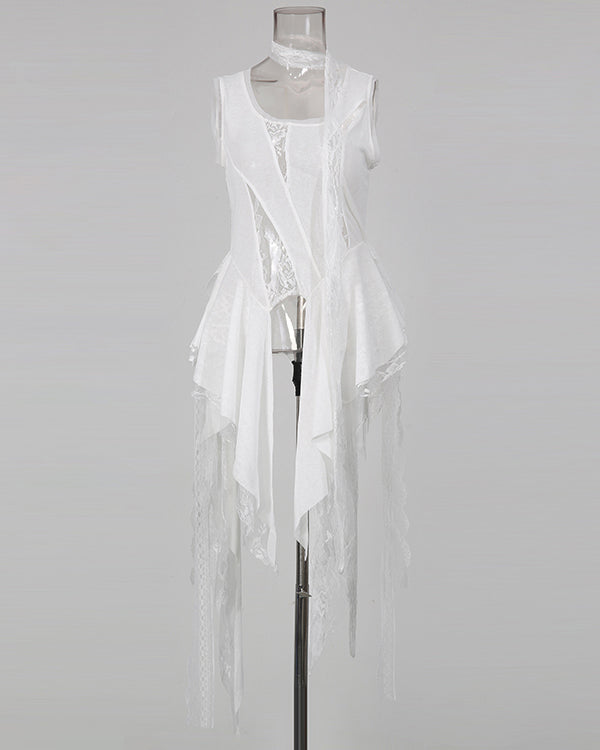 White Patchwork Lace Irregular Vest