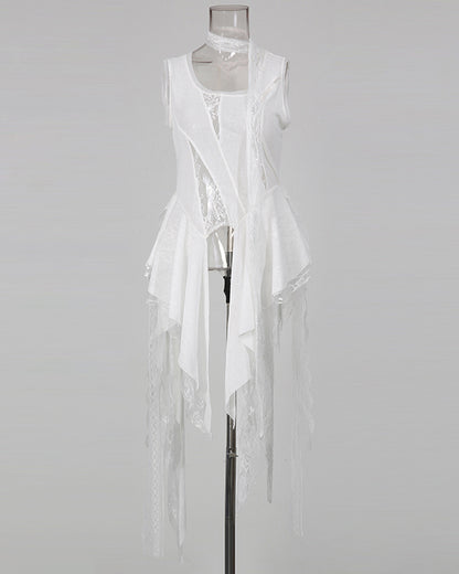 White Patchwork Lace Irregular Vest