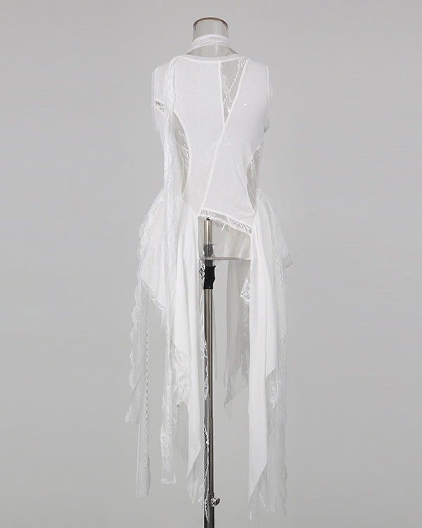 White Patchwork Lace Irregular Vest