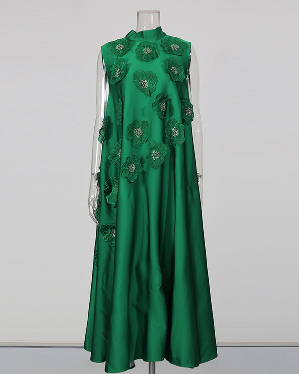 Green Sleeveless Midi Dress with Floral Lace & Pearl