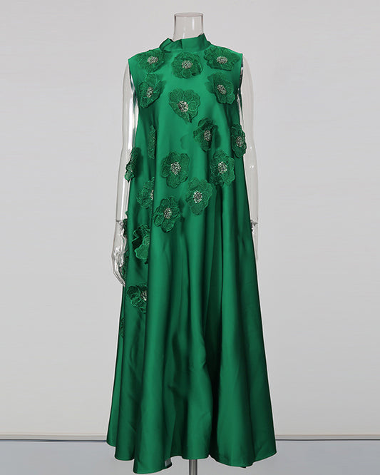 Green Sleeveless Midi Dress with Floral Lace & Pearl
