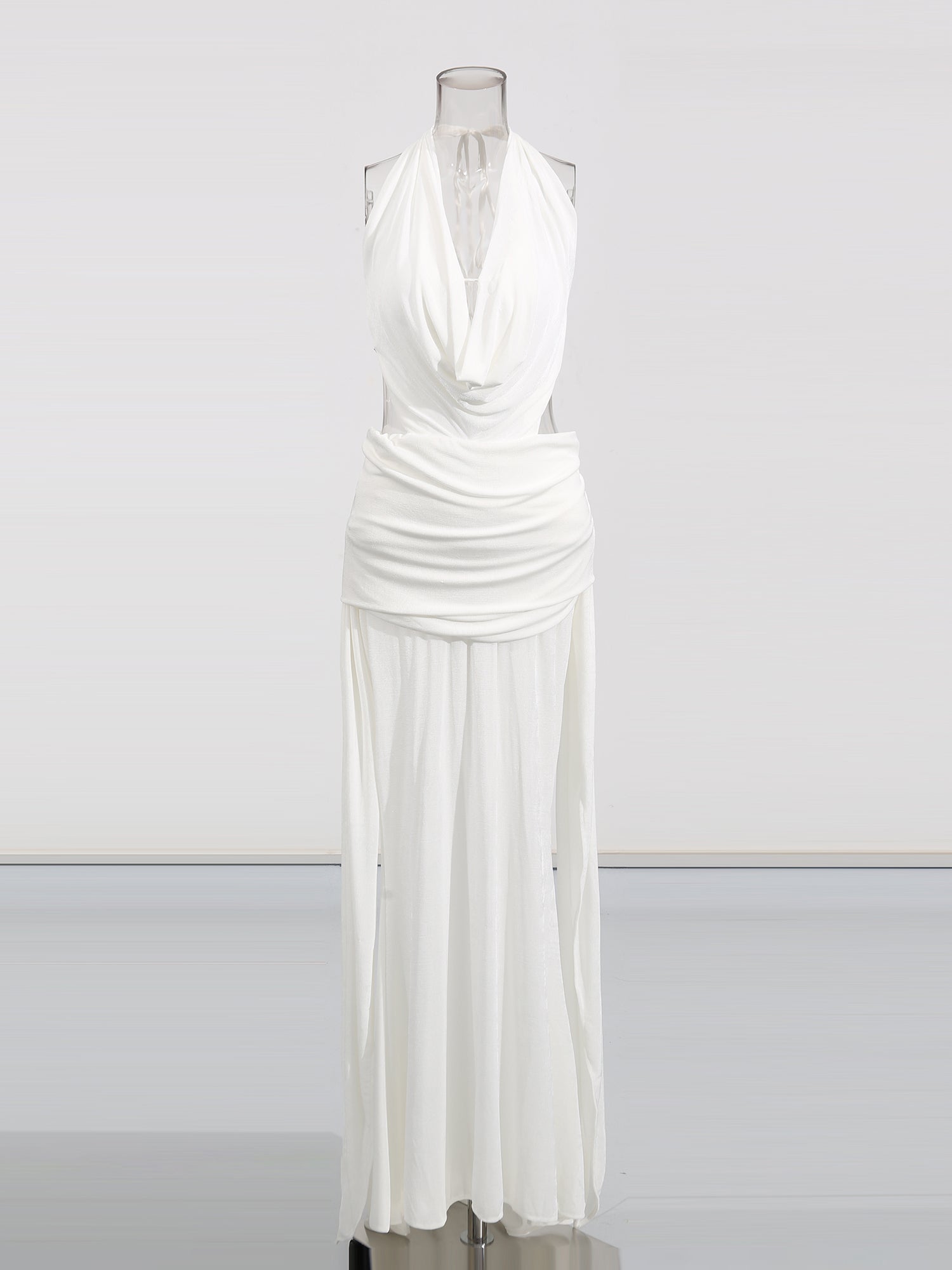 Elegant White Halter Neck Draped Maxi Dress.