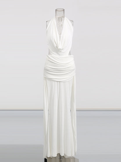 Elegant White Halter Neck Draped Maxi Dress.