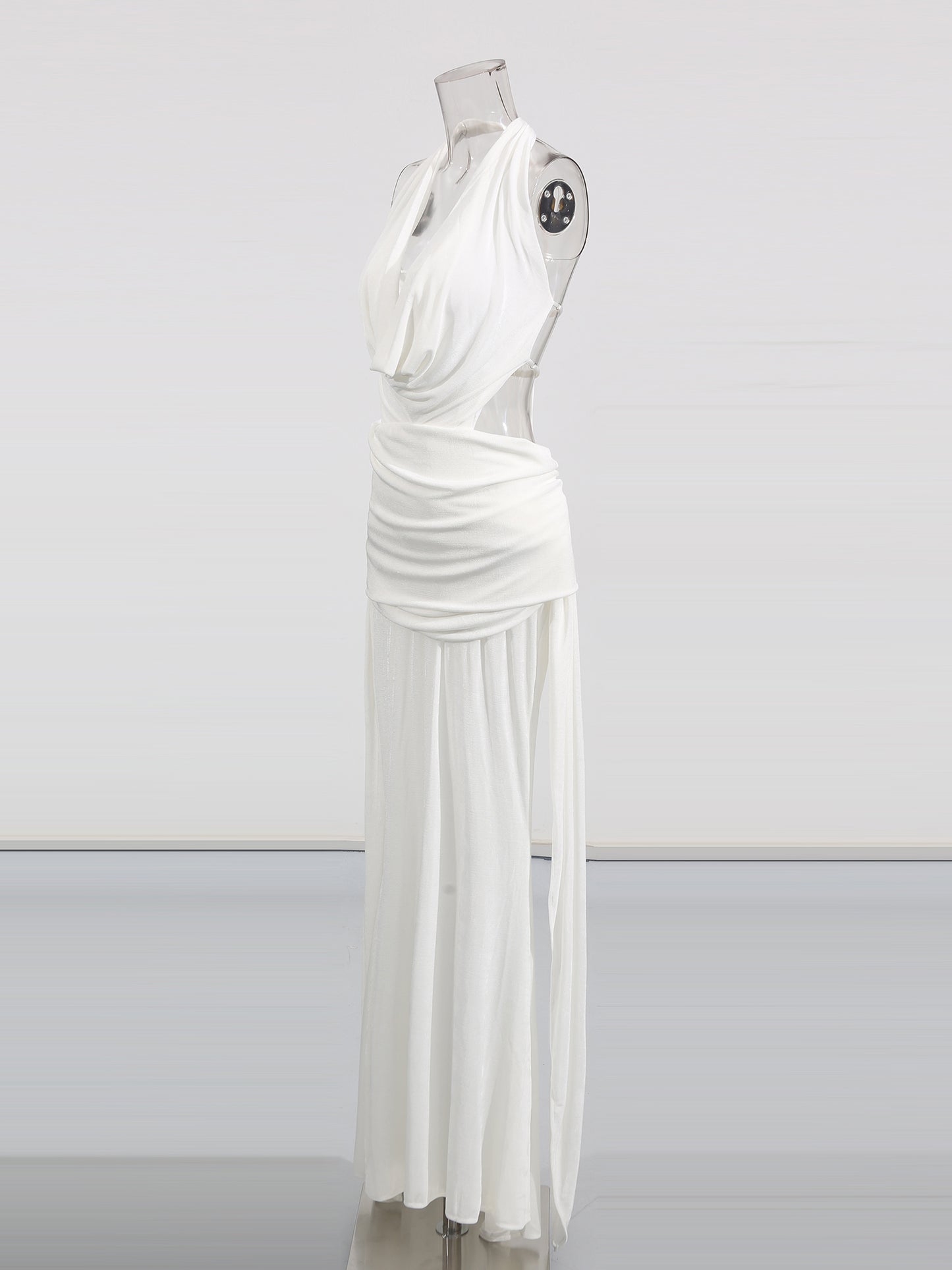 Elegant White Halter Neck Draped Maxi Dress.