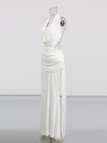 Elegant White Halter Neck Draped Maxi Dress.