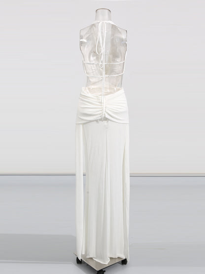 Elegant White Halter Neck Draped Maxi Dress.
