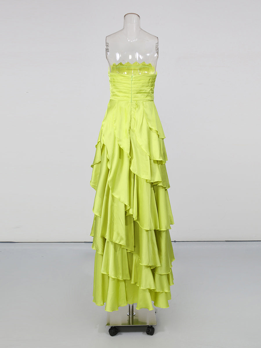 Green Strapless Ruched Ruffle Maxi Evening Dress