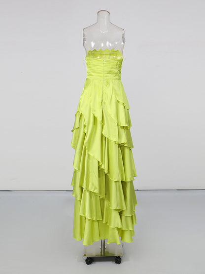 Green Strapless Ruched Ruffle Maxi Evening Dress