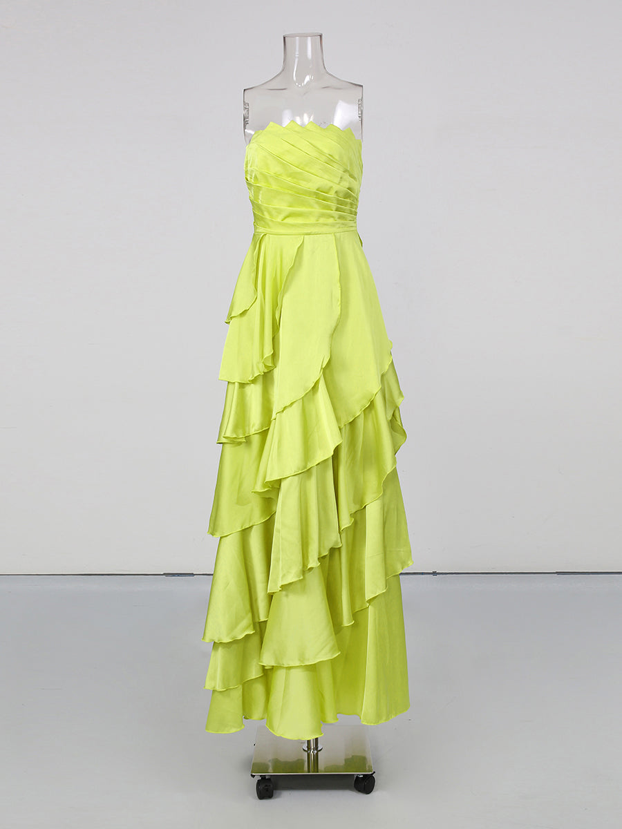 Green Strapless Ruched Ruffle Maxi Evening Dress