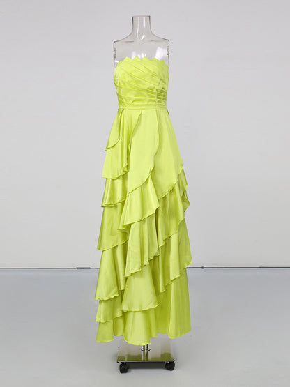 Green Strapless Ruched Ruffle Maxi Evening Dress