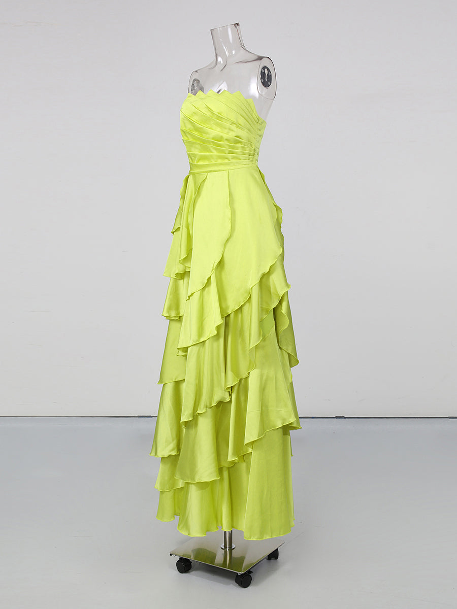 Green Strapless Ruched Ruffle Maxi Evening Dress