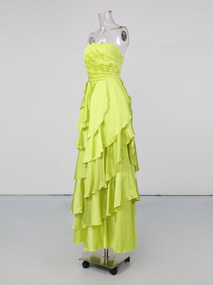 Green Strapless Ruched Ruffle Maxi Evening Dress