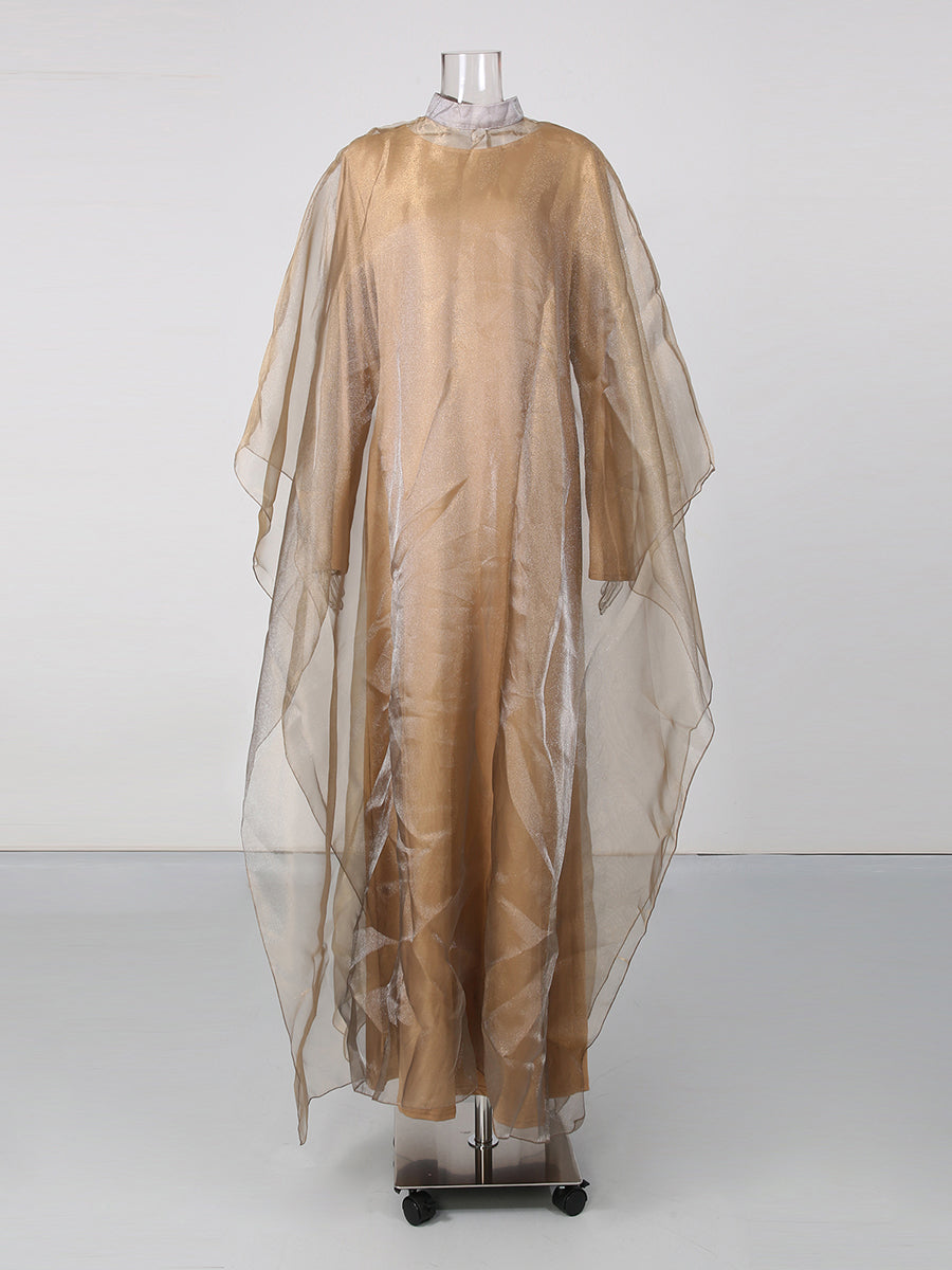 High Neck Organza Cape Sleeve Maxi Dress