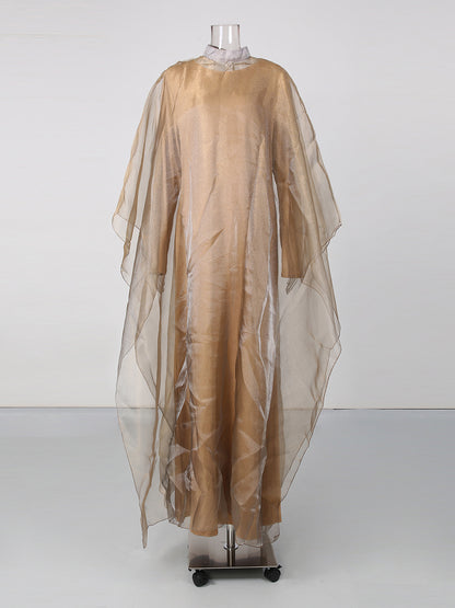 High Neck Organza Cape Sleeve Maxi Dress