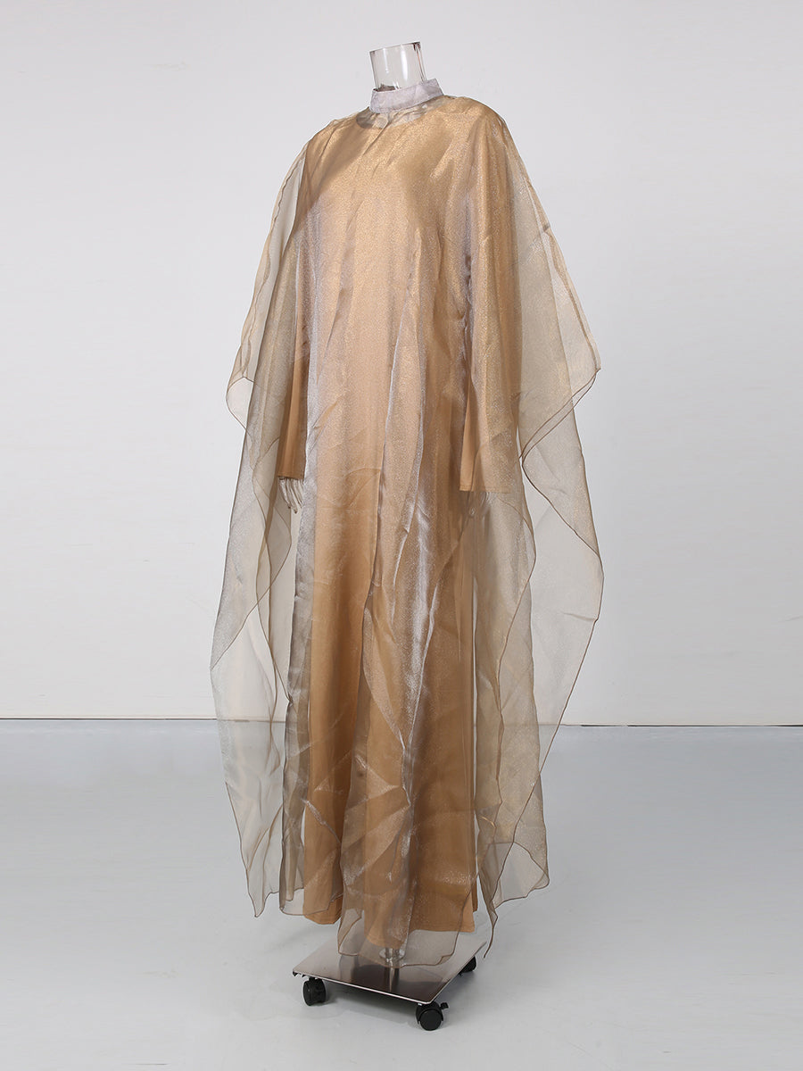 High Neck Organza Cape Sleeve Maxi Dress