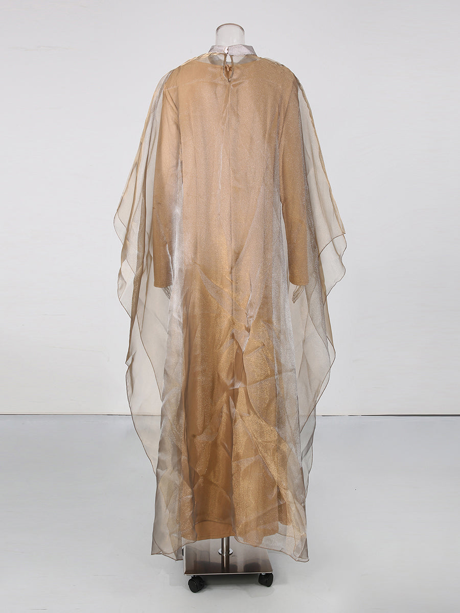 High Neck Organza Cape Sleeve Maxi Dress