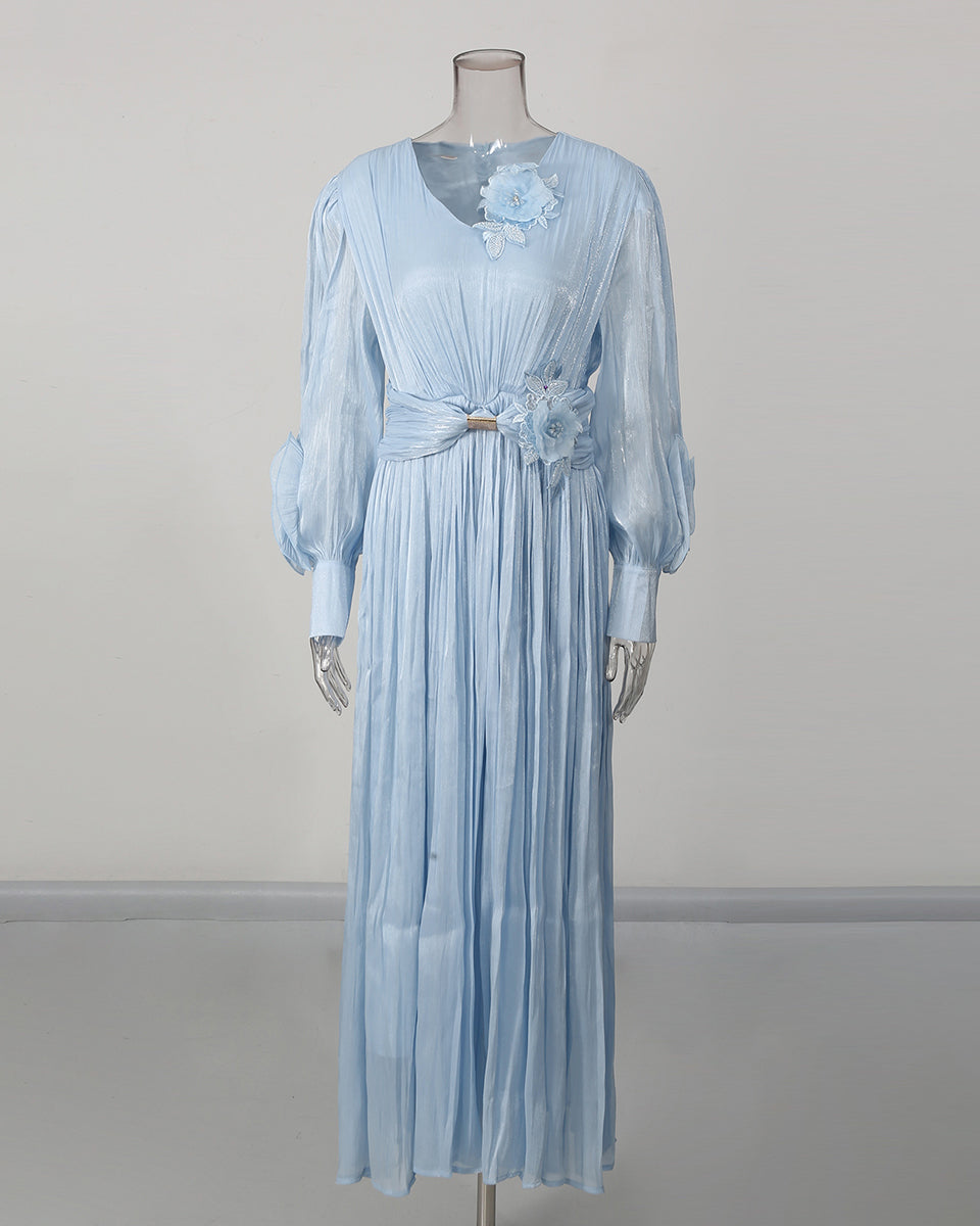 Blue 3D Floral Ruched Waist Maxi Dress