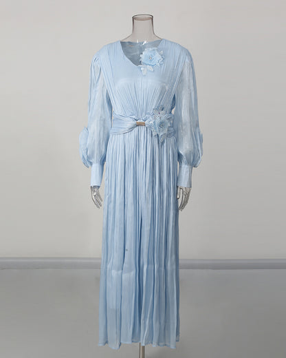 Blue 3D Floral Ruched Waist Maxi Dress