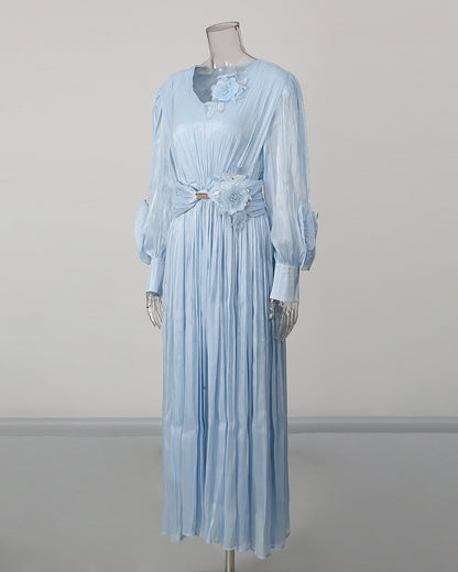 Blue 3D Floral Ruched Waist Maxi Dress