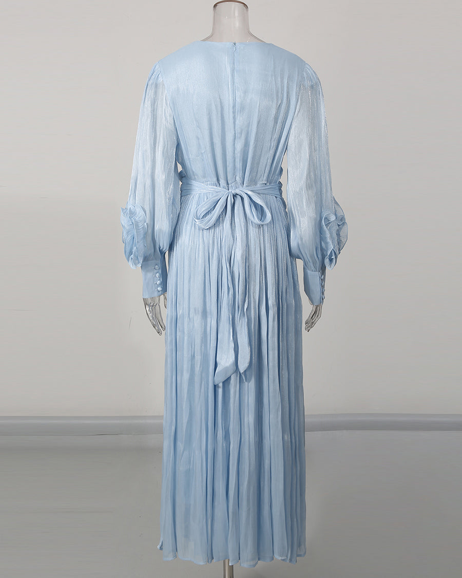 Blue 3D Floral Ruched Waist Maxi Dress