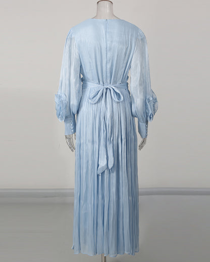 Blue 3D Floral Ruched Waist Maxi Dress
